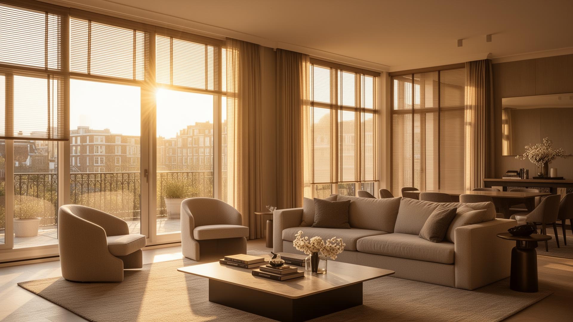 Luxe woonkamer met elegante zonwering en raamdecoratie